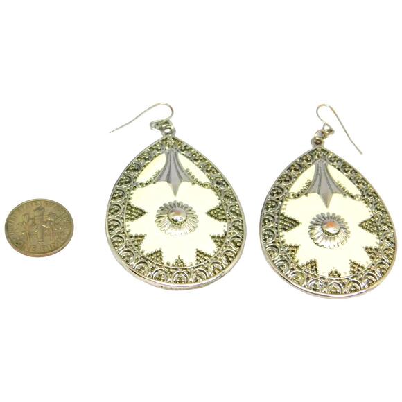 Pierced Earrings Engraved Mandala Silver Cream Color Tone Statement 2" Round - Picture 4 of 5